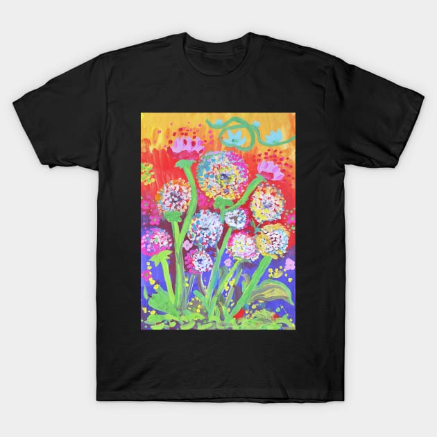 Colorful Dandelion Wildflowers Meadow - Handpainted nature scenery T-Shirt by Wolshebnaja